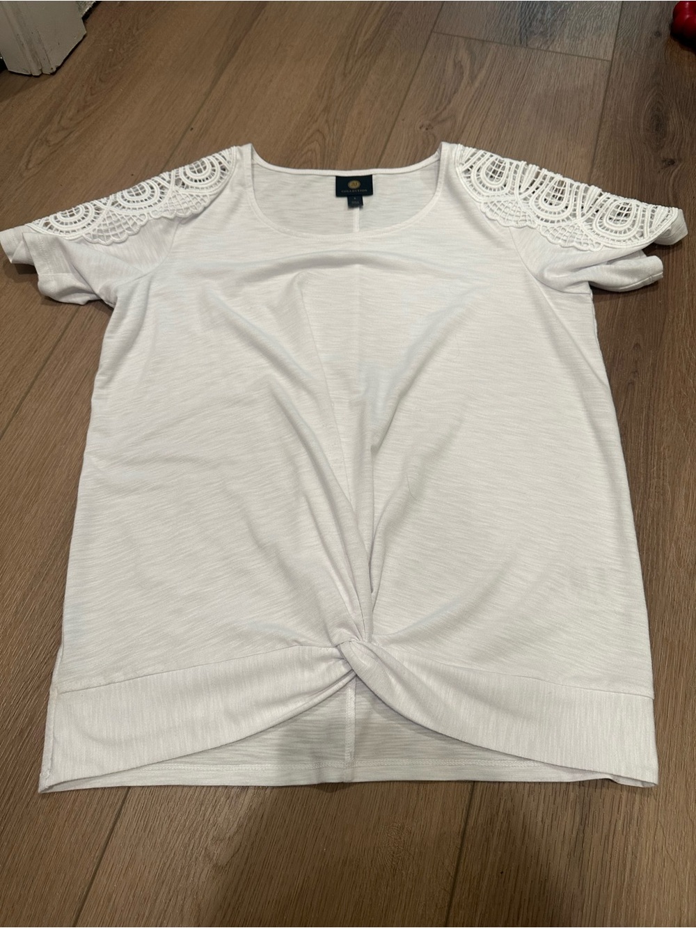 JM Collection White Short-Sleeve Twist-Front Top with Lace Shoulders